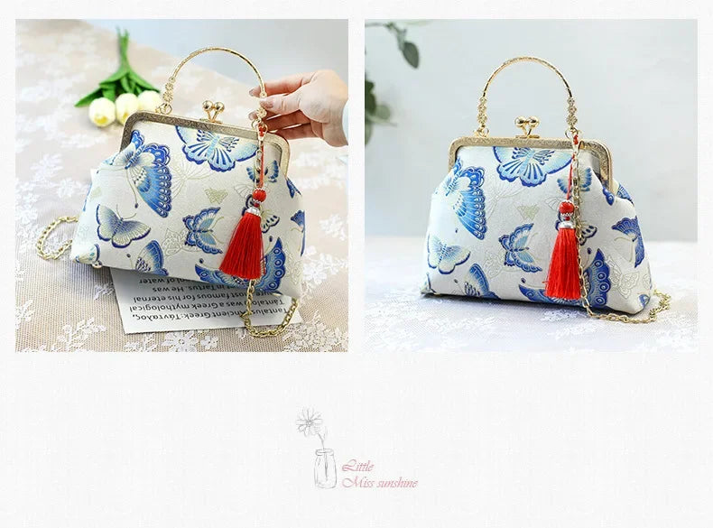 Fashion Vintage Fringe Bag Small Shell Bags Chain Women Shoulder Crossbody Bag Crane Flying Women's Handbags Purses Embroidery