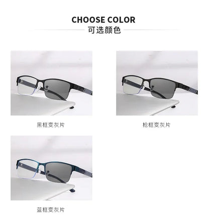 Metal Frame Far Sighted Eyeglasses with Sunshades Smart Photochromic Multifocal Reading Glasses Men Business Presbyopia Eyewear