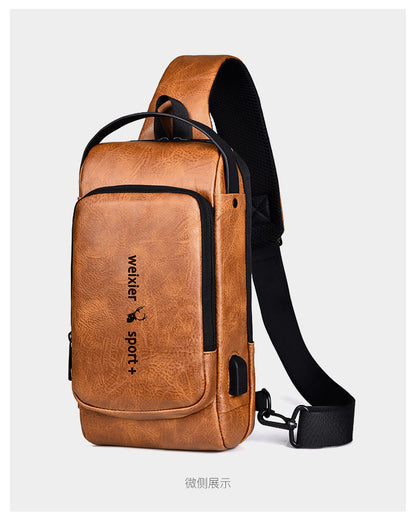 New Casual Chest Bag Travel shoulder bag Men Multifunction Anti-theft USB Charging Crossbody Bag Quality PU Leather Pack Male