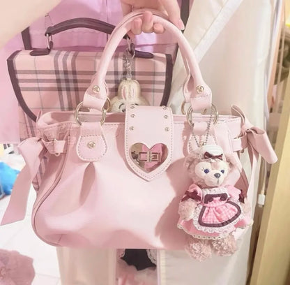 Sweet Bow Lolita Pink Hand Bag Purse Women Harajuku Love Heart Soft Crossbody Bag Lady Kawaii Large Capacity Shoulder Bag Female