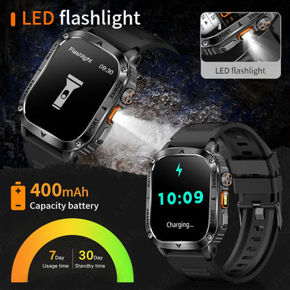LIGE New Premium Military Smart Watch Men Flashlight Waterproof Outdoor Sport Tracker Bluetooth Call Smartwatch 400mAh Battery