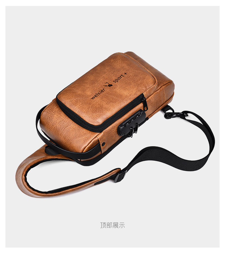New Casual Chest Bag Travel shoulder bag Men Multifunction Anti-theft USB Charging Crossbody Bag Quality PU Leather Pack Male