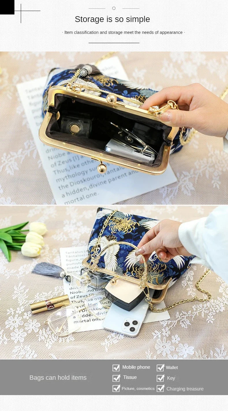 Fashion Vintage Fringe Bag Small Shell Bags Chain Women Shoulder Crossbody Bag Crane Flying Women's Handbags Purses Embroidery