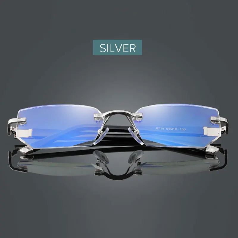 Men's Anti Blue Light Blocking Reading Glasses Cut Frameless Metal HD Lens Eyewear Women Prescription Presbyopic Glasses +400