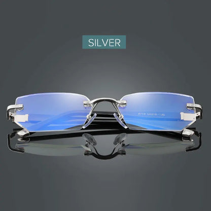 Men's Anti Blue Light Blocking Reading Glasses Cut Frameless Metal HD Lens Eyewear Women Prescription Presbyopic Glasses +400