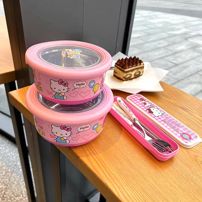 Anime Sanrio Hello Kitty Stainless Steel With Lid Ramen Bowl Student Dormitory Fruit Salad Rice Soup Bowl Kitchen Tableware