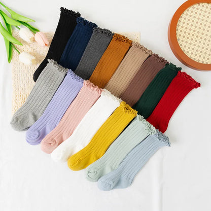Ruffle Kids Knee High Socks Baby Girls Toddlers Long Soft Cotton Sock Lace Flower Children School Uniform Socks For 0-8 Years