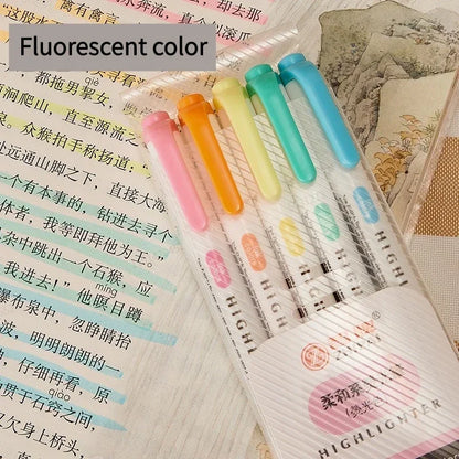 5 Colors/box Double Headed Highlighter Pen Set Fluorescent Drawing Markers Highlighters Pens Art Japanese Cute Pastel Stationery