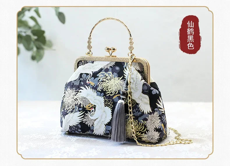 Fashion Vintage Fringe Bag Small Shell Bags Chain Women Shoulder Crossbody Bag Crane Flying Women's Handbags Purses Embroidery
