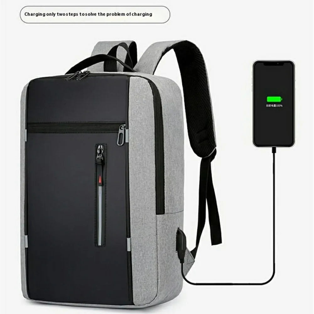 Business Laptop Backpack Men Travel Daypack Waterproof Oxford Cloth School Bag with USB Charging Port - Grey