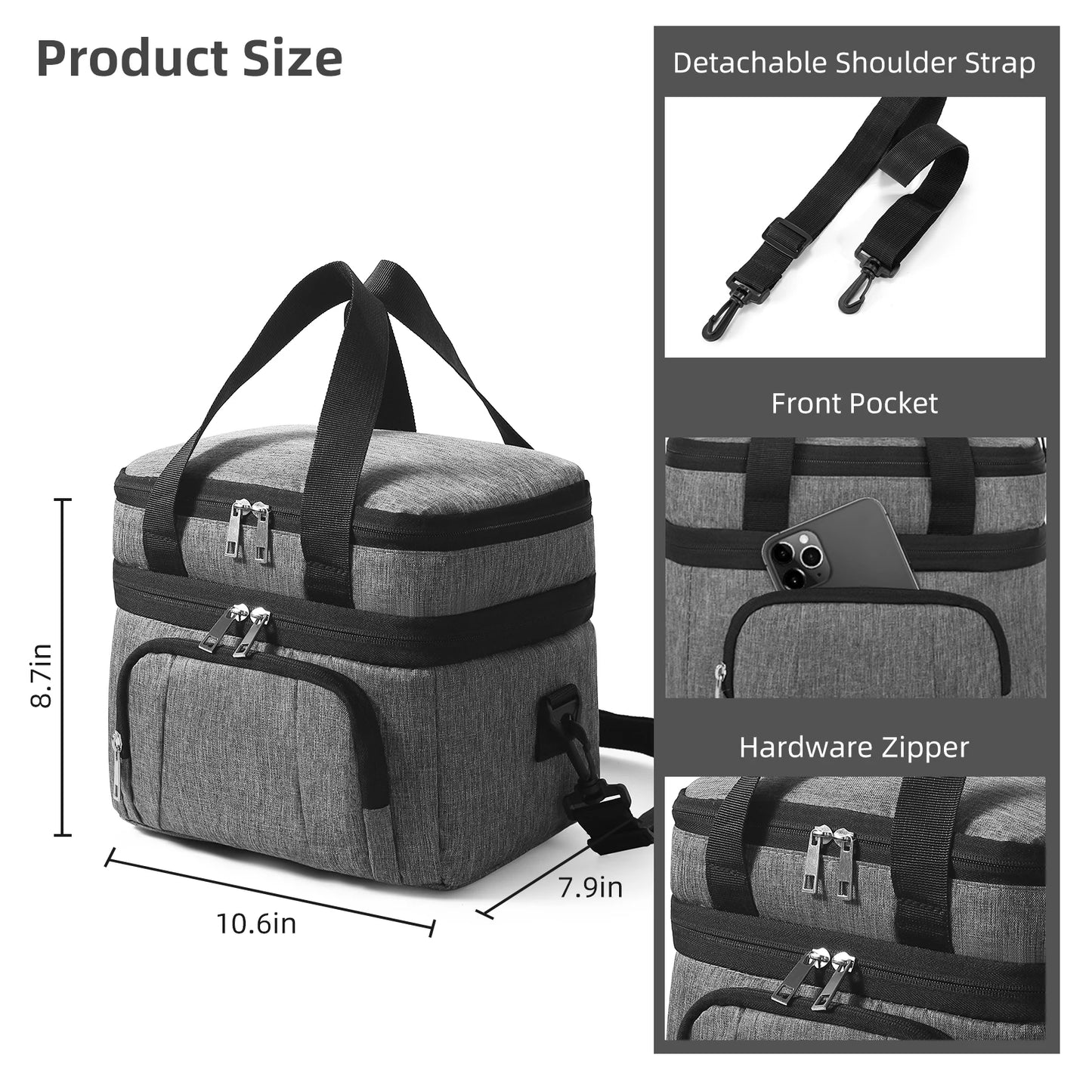 Double Insulated Lunch Bag Layer Portable Thermal Lunch Box Waterproof Picnic Heat Insulating Bag with Adjustable Strap