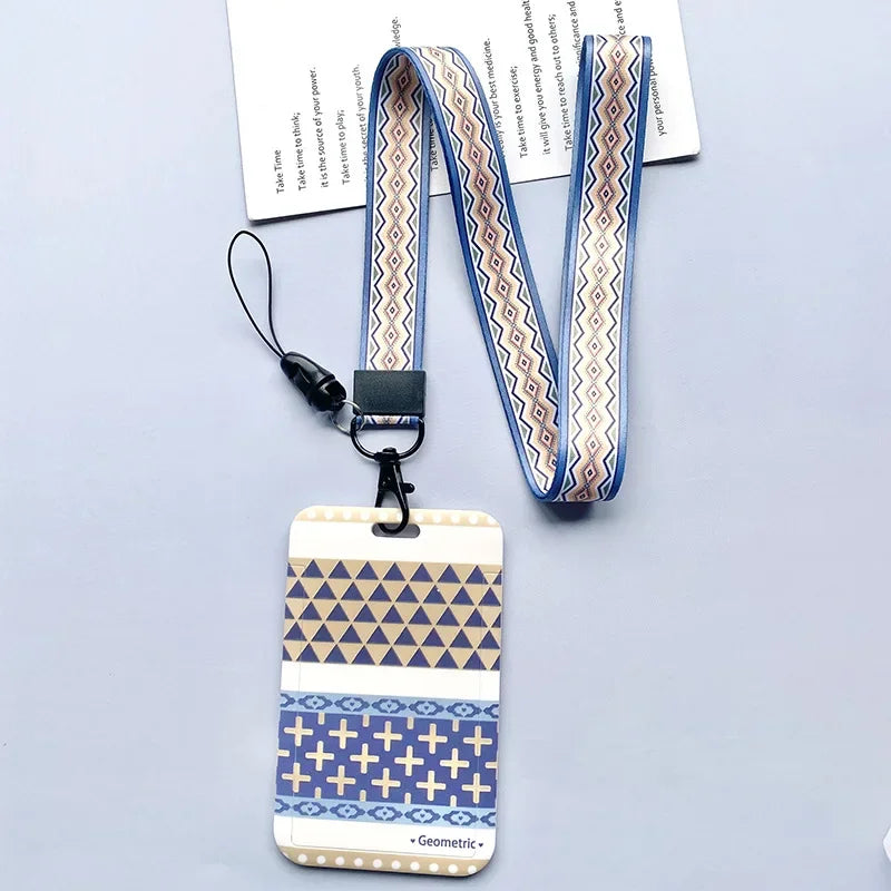Student Identity Badge Card Cover with Neck Strap Bag Geometric Women Men Work Badge Bus Credit Card ID Holder Bags with Lanyard