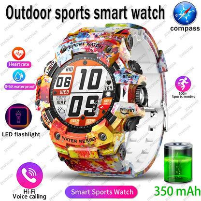 2025 New Rugged Outdoors Sports Smart Watch Men Bluetooth Call Colorful IP68 Waterproof Military Compass Smartwatches Flashlight