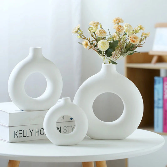 Nordic Plastic Flower Bottle Modern Style Circular Hollow Imitation Ceramic Fashion Living Room Home Office Desktop Decoration