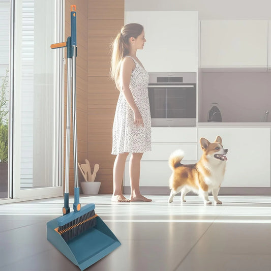 Broom and Dustpan Combo Set, Long Handled Adjustable Broom and Dustpan Set for Sweeping Home,Indoor Kitchen, Office Lobby  Floor