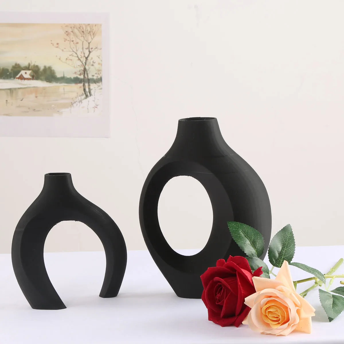 Hollow Nordic Modern Ceramic Vase Set of 2 for Modern Home Decor,Modern Boho Hollow Flower Vases for Living Room Bookshelf