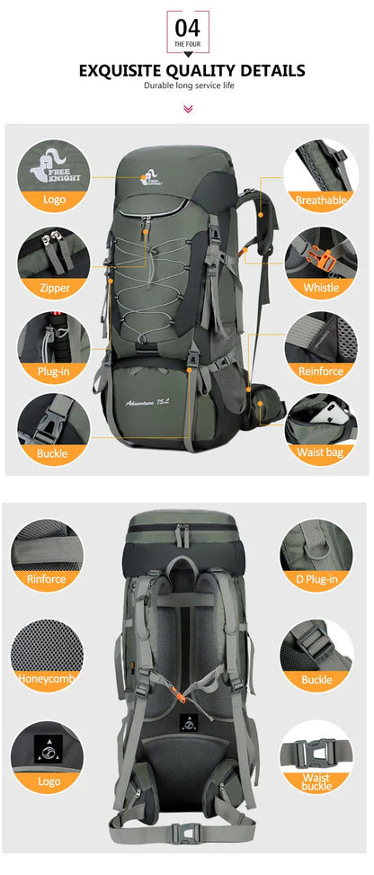 75L Camping Backpack Travel Sport Bag With Rain Cover Climbing Mountaineering Trekking Outdoor Rucksack Hiking Bag Shoulder Men
