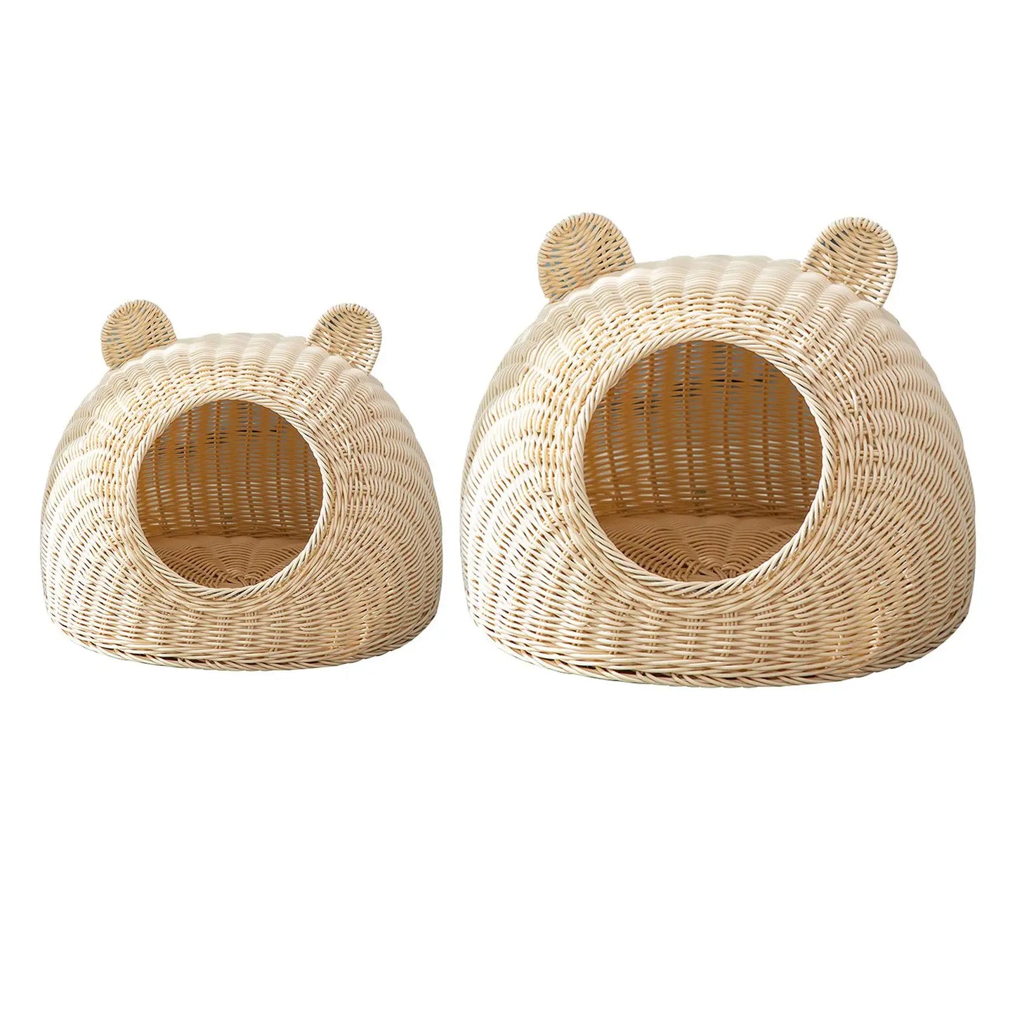 Solid Rattan Cat Bed Round Indoor Nest Cat Shaped Hideaway Kitty Interactive