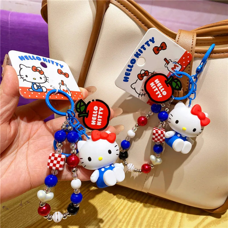 Wholesale Sanrio Keychain Hello Kitty Schoolbag Pendant Kawaii Kt Red Blue White Cartoon Key Kitty Tv Beaded Keyring Girl Gift ﻿