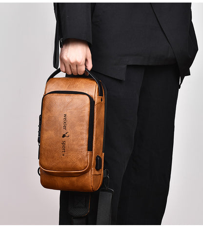 New Casual Chest Bag Travel shoulder bag Men Multifunction Anti-theft USB Charging Crossbody Bag Quality PU Leather Pack Male