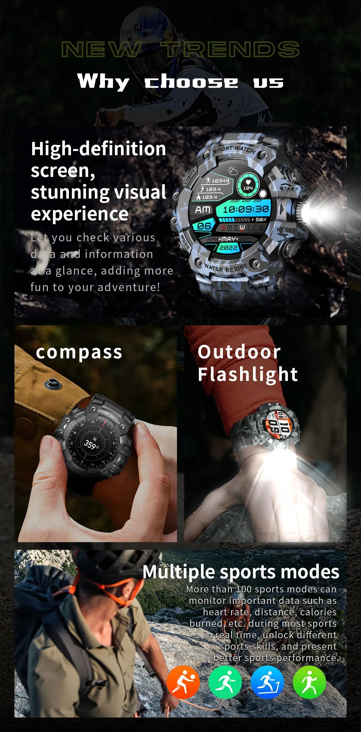 2025New Outdoor Sports Flashlight Fitness Smart Watch Bluetooth Call Multiple Sports Modes Compass Waterproof Outdoor Durable