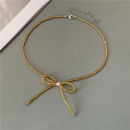 Korean Fashion Knotbow Choker Necklace for Girl Trendy Romantic Handmade Rice Beads Short Neck Jewelry Gift for Friend Wholesale