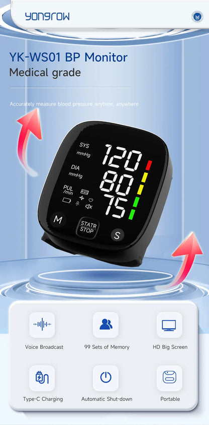 Yongrow Rechargeable Digital Wrist Blood Pressure Monitor Sphygmomanometer Tonometer Tensiometer Heart Rate Meter BP Monitor