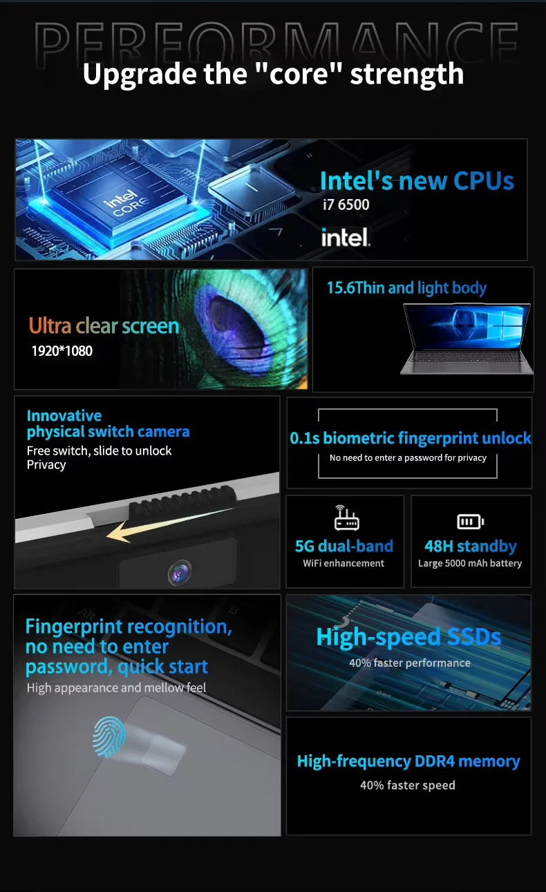 15.6" Ultra Slim Intel Core i7 6500U Laptop Computer Windows 11 16GB DDR4 1TB SSD Notebook PC Fingerprint Unlock Gaming Laptops