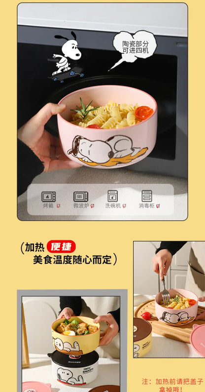 Snoopy animation peripheral cartoon safety bowl sealed ceramic box with lid can be microwaved and portable for office workers