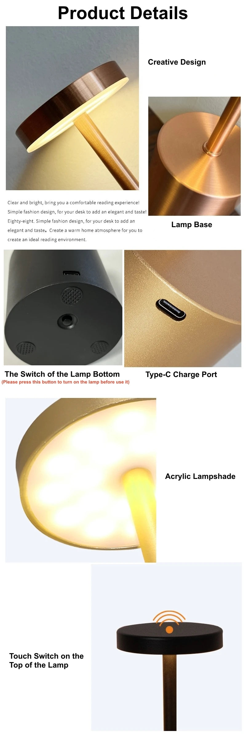 Simple Touch Led Table Light Rechargeable Desk Lamp 3 Color Bedside Creative Ambient Light Room Restaurant Bar Decor Night Light