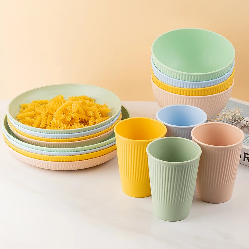 Wheat Straw Cutlery Set 4Pcs Bowl Cup Dish Set Portable Tableware Set Dinnerware Kits for Picnic Camping