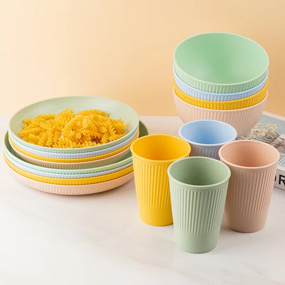 Wheat Straw Cutlery Set 4Pcs Bowl Cup Dish Set Portable Tableware Set Dinnerware Kits for Picnic Camping