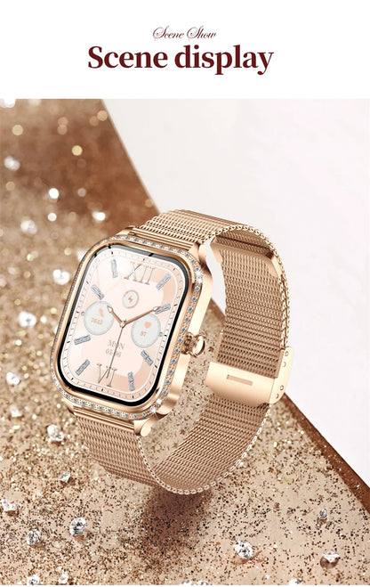 New Fashion Women Smart Watch 1.75inch Curved Screen Sports Bracelet BT HD Calling Clock IP68 Waterproof Diamond Case Smartwatch