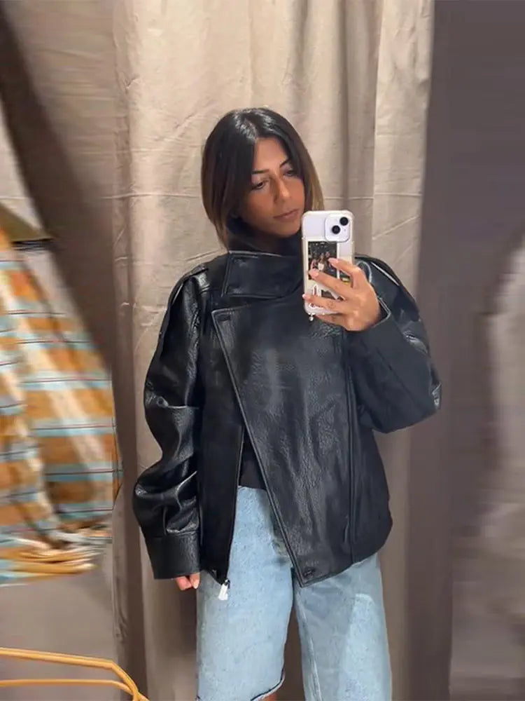 Retro Stand Collar PU Leather Jacket Women Classic Casual Zipper Single Breasted Black Jackets Lady 2025 Autumn Chic Streetwear