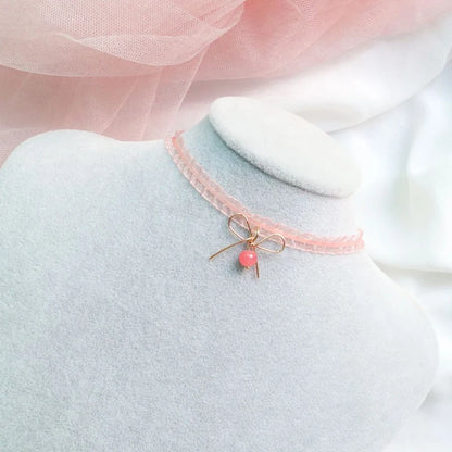 Fashion Women's Choker Necklace Lovely Gothic Pink Lace Pearl Pendant Elastic Short Clavicle Necklace Jewelry Gift For Girls