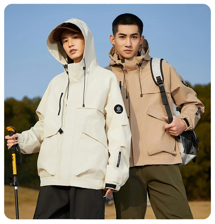Men’s Hooded Outdoor Windbreaker Jacket Windproof Coats Warm Tactical Coat with Multi Pockets for Hiking Camping Travel Autumn