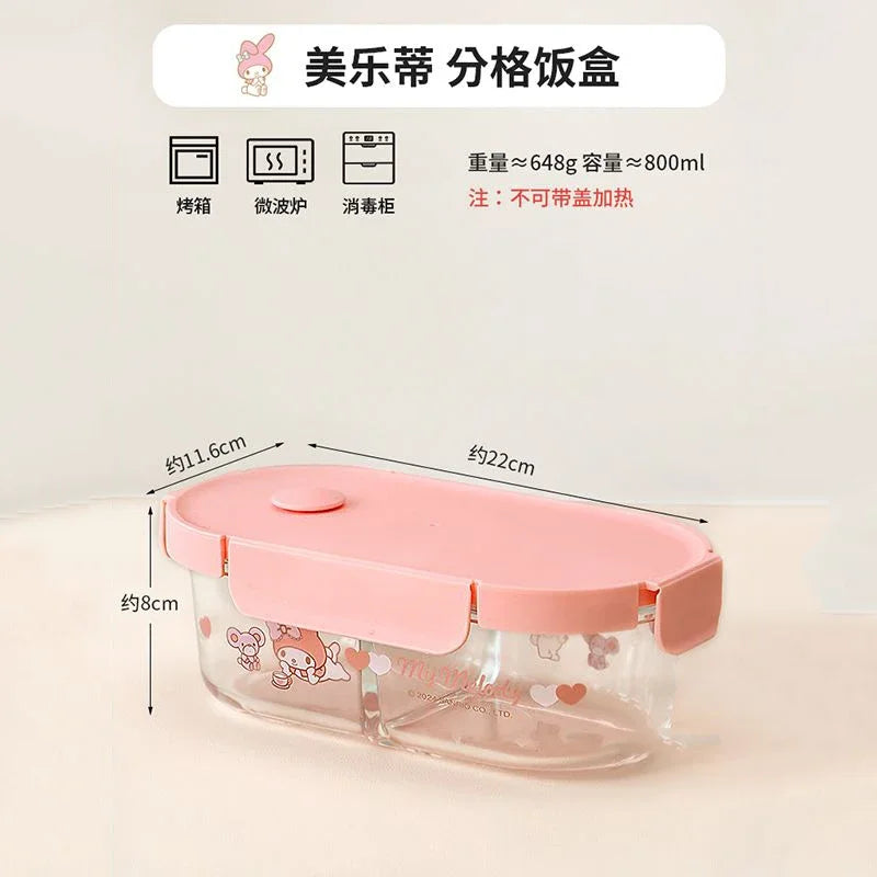 Sanrio Kawaii Hello Kitty Glass Lunch Box My Melody Kuromi Anime Cartoon Sweet Microwaveable Sealed Soup Bowls with Separate Lid