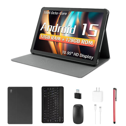 ANRY 10.95-inch HD Display Tablet Android 15 12GB RAM 128 ROM 2.4G/5G WiFi T606 Octa-Code 8000mAh Android Tablets with Case