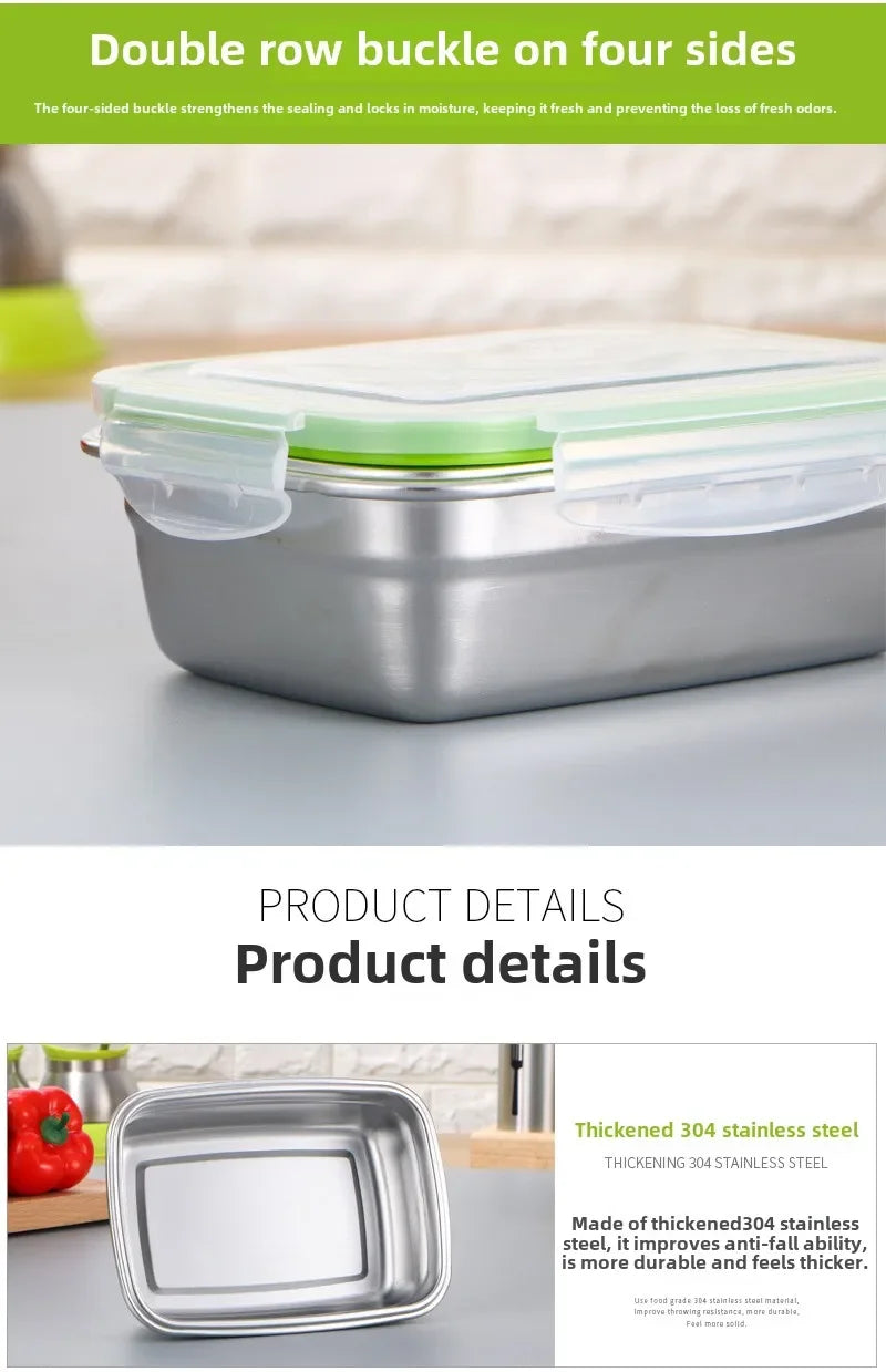 304 Stainless Steel Fresh-keeping Box Sealed Leak Proof Lunch Box Fruit Box with Lid Dumpling Container Refrigerated Storage Box