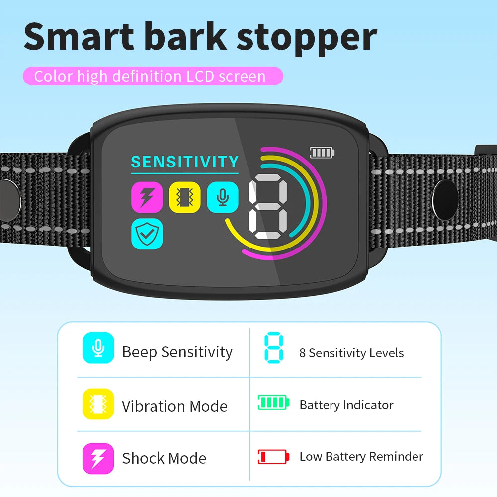Color Screen Dog Collar Automatic Anti Barking Device IP67 Waterproof Rechargeable Dog Trainer Smart Barking Stopper for Pet Dog