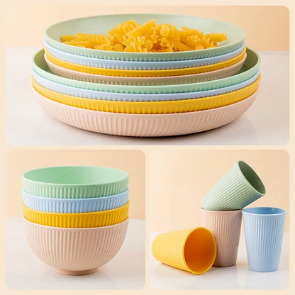 Wheat Straw Cutlery Set 4Pcs Bowl Cup Dish Set Portable Tableware Set Dinnerware Kits for Picnic Camping