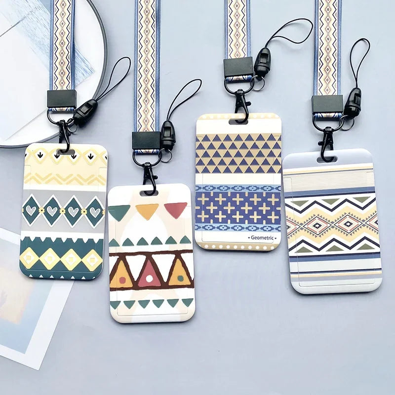 Student Identity Badge Card Cover with Neck Strap Bag Geometric Women Men Work Badge Bus Credit Card ID Holder Bags with Lanyard