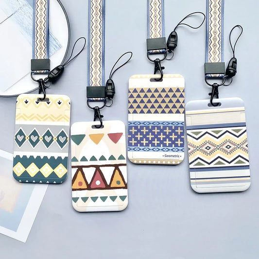 Student Identity Badge Card Cover with Neck Strap Bag Geometric Women Men Work Badge Bus Credit Card ID Holder Bags with Lanyard