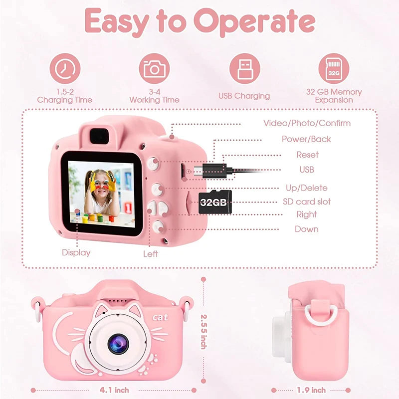Kids Camera HD Digital Video Toddler Camera with Silicone Cover Portable Toy with 32 GB SD Card for Girl Christmas Birthday Gift