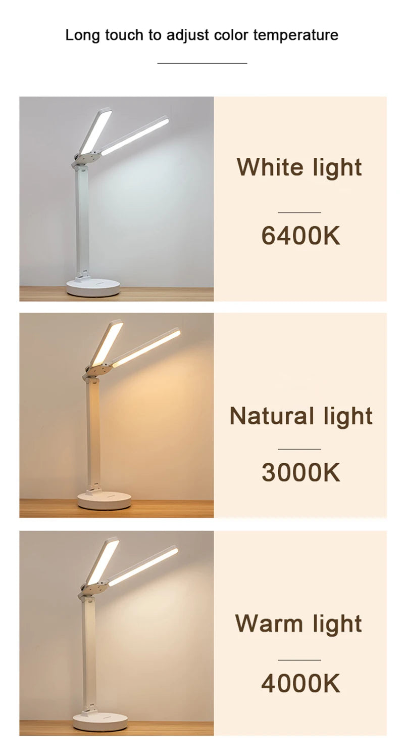 LED Table Lamp USB Chargeable Dimmable Clock Desk Lamps 2 Heads 180 Rotate Foldable Eye Protection Desktop Reading Night Lights