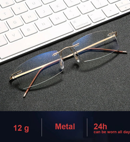 Men's Anti Blue Light Blocking Reading Glasses Cut Frameless Metal HD Lens Eyewear Women Prescription Presbyopic Glasses +400