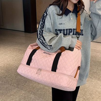 Nylon Travel Duffle Bag with Shoe Compartment, Large Capacity Argyle Pattern Casual Weekender Overnight Gym Storage Bag