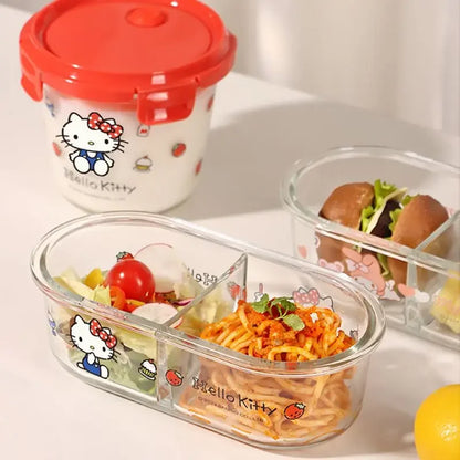 Sanrio Kawaii Hello Kitty Glass Lunch Box My Melody Kuromi Anime Cartoon Sweet Microwaveable Sealed Soup Bowls with Separate Lid