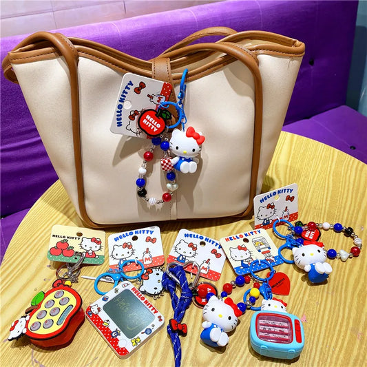 Wholesale Sanrio Keychain Hello Kitty Schoolbag Pendant Kawaii Kt Red Blue White Cartoon Key Kitty Tv Beaded Keyring Girl Gift ﻿