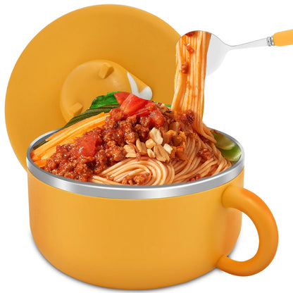 1200ml Ramen Bowl 304 Stainless Steel Noodle Bowl with Lid and Spork Heat Resistant with Handles Ramen Noodles Bowl Cooker